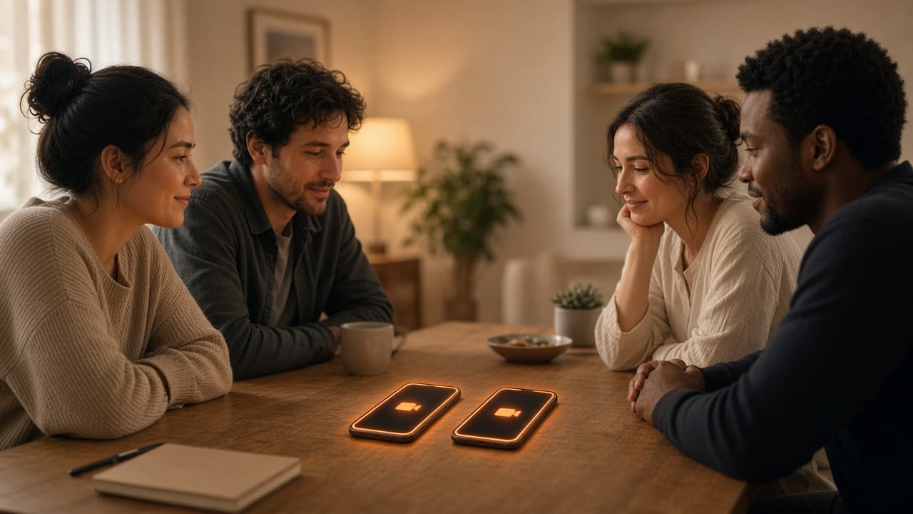 People together with phones, identities kept private