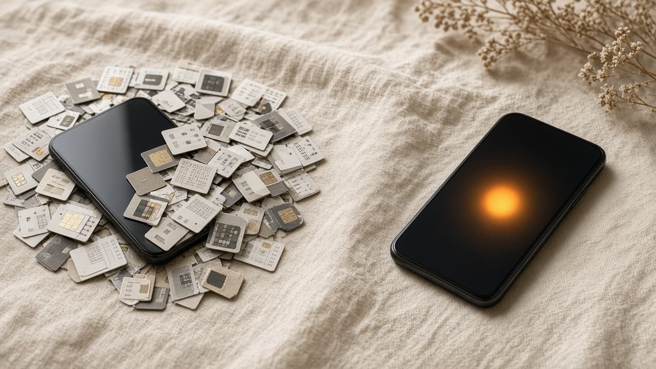 A messy pile of SIMs next to a single clean glowing phone