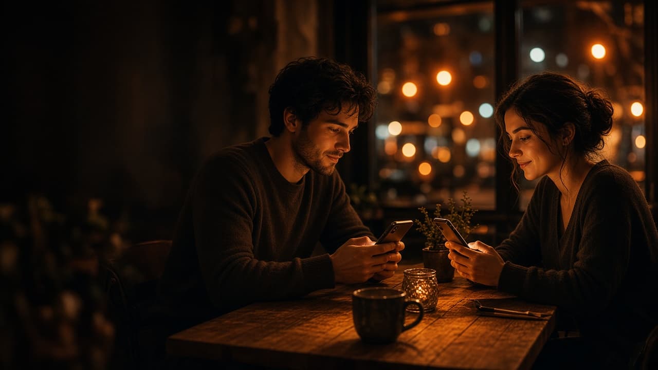 Two people messaging privately at night